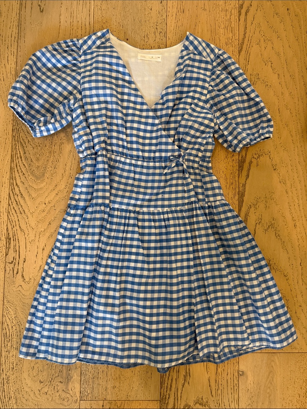 Zara Blue and White Gingham Puff-Sleeve Wrap-Style Dress